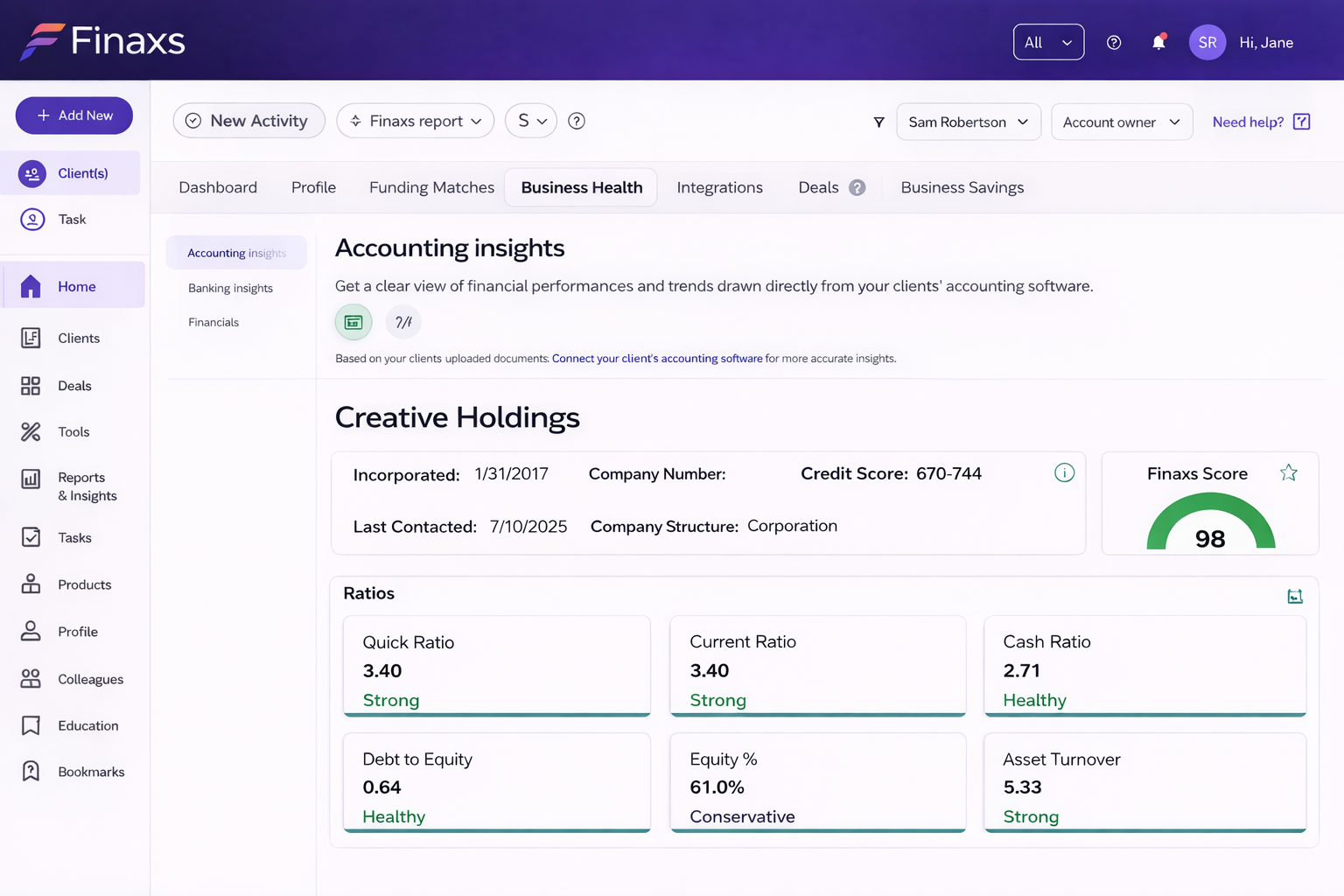 Finaxs business health and accounting insights dashboard