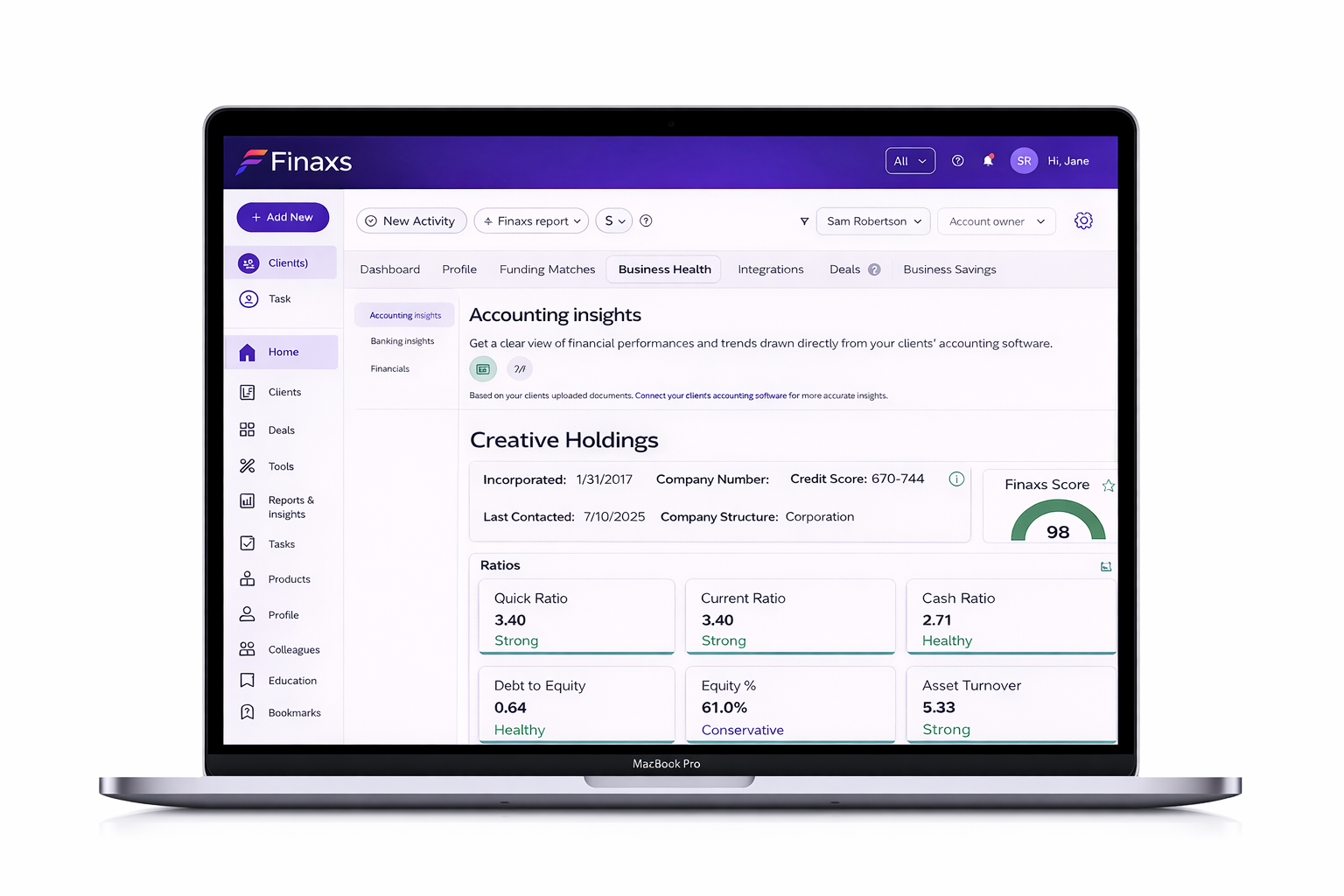 Finaxs financial insights dashboard on a laptop