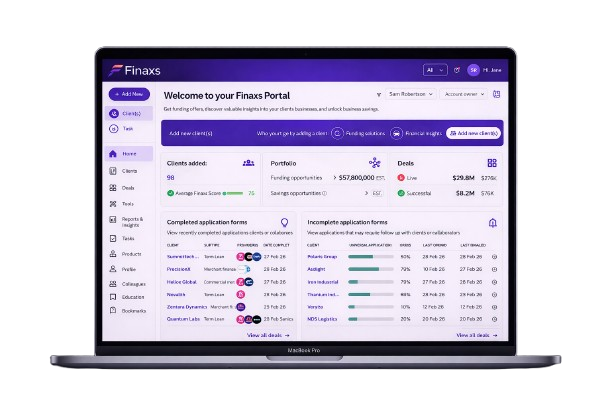 Finaxs portal shown on a MacBook